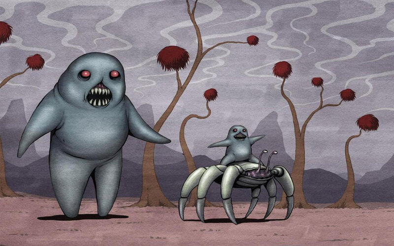 creepy creatures in alien landscape