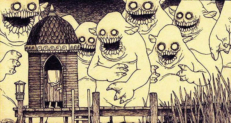 creepy creatures surround a house