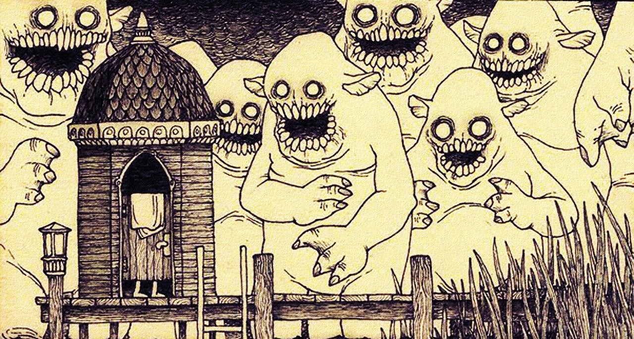 creepy creatures surround a house