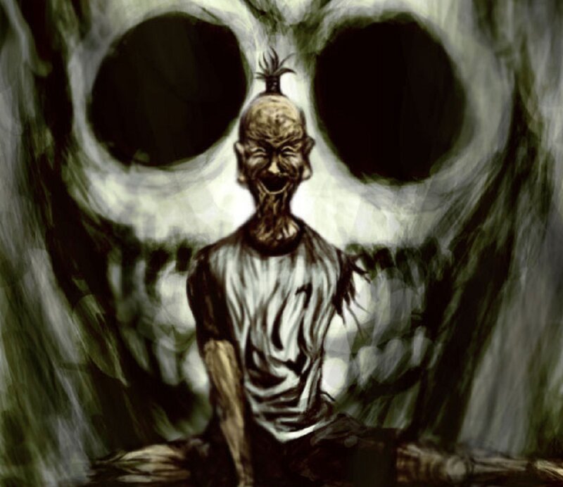Creepy Figure in Front of Skull