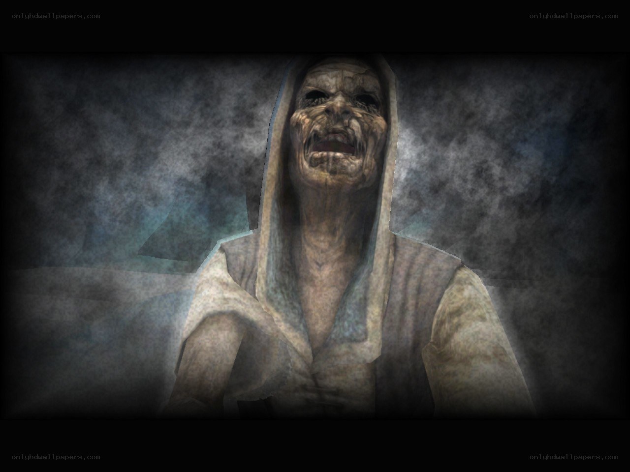 creepy hooded figure in mist
