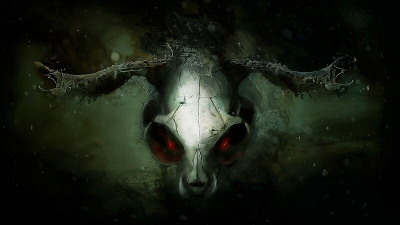 creepy skull with red eyes