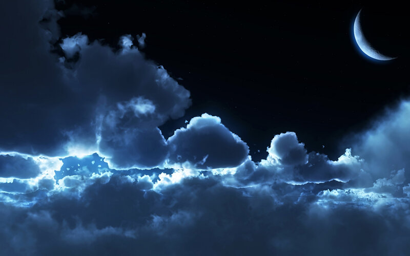 Crescent Moon and Clouds — Blue, Dramatic, Night, Digital Art, Stars