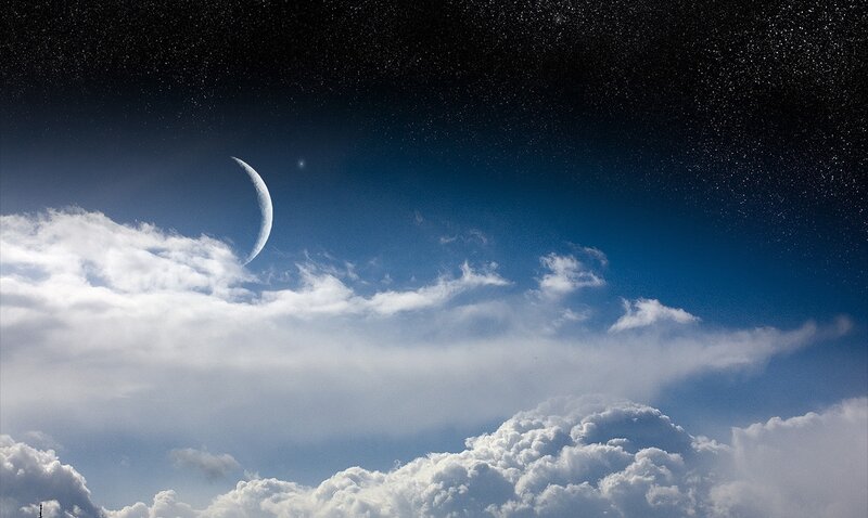Crescent Moon and Clouds — Blue, Serene, Night, Photograph