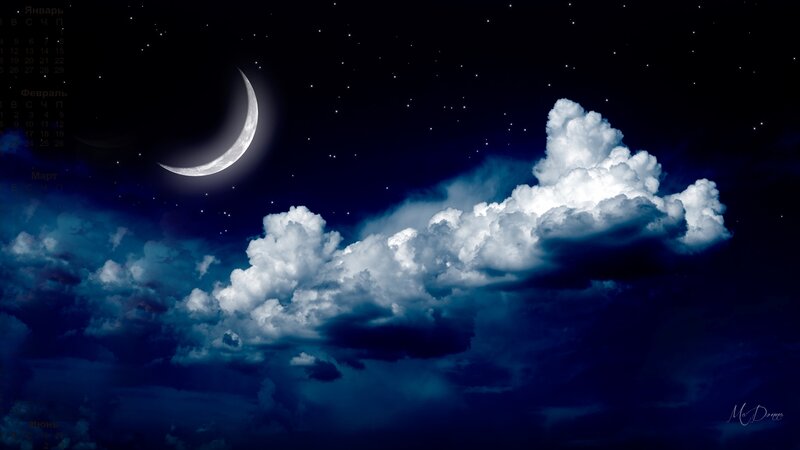 Crescent Moon and Clouds — Blue, Serene, Night