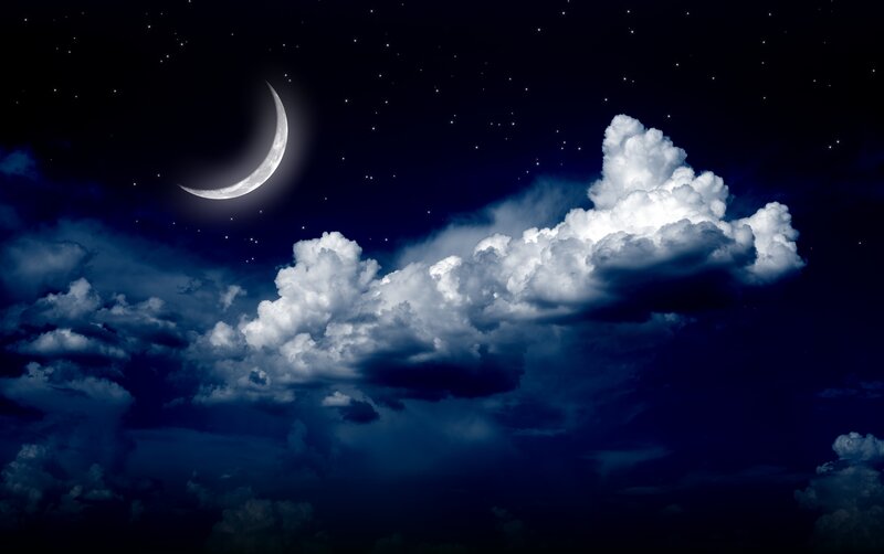 Crescent Moon and Clouds — Blue, Serene