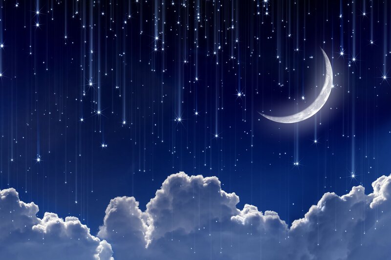 Crescent Moon and Stars — Blue, Serene, Night, Digital Art, Clouds