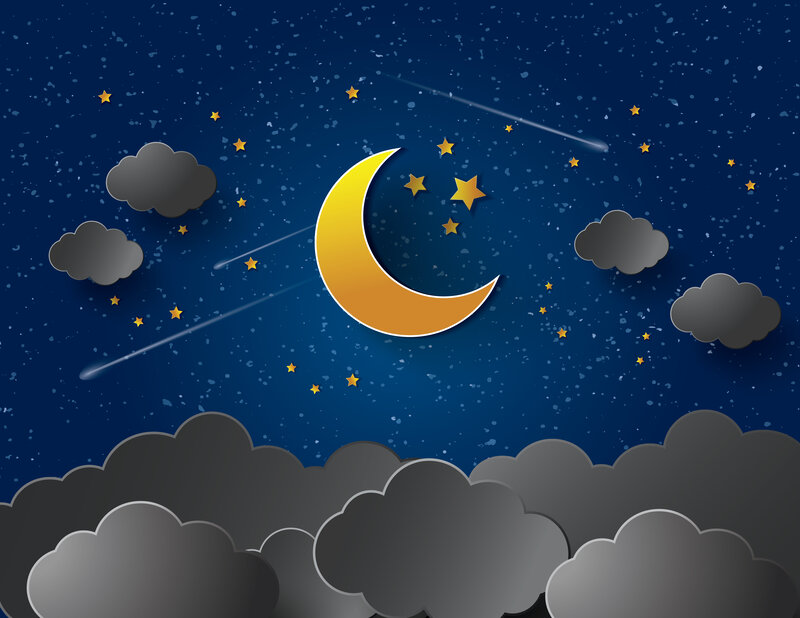 Crescent Moon and Stars — Blue, Serene, Night, Illustration, Clouds