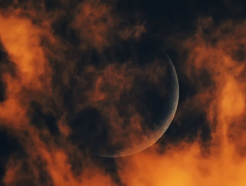 Crescent Moon in Clouds — Orange