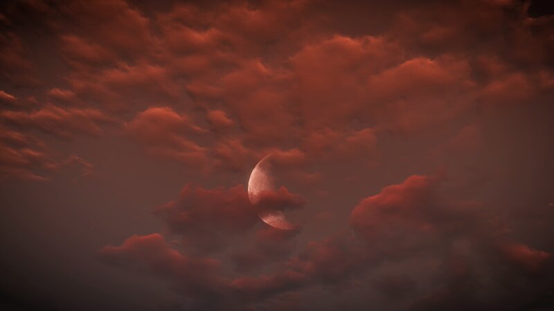 Crescent Moon in Clouds — Red