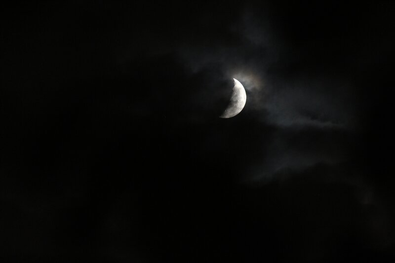 Crescent Moon in Night Sky — Black, Dark, Photograph, Clouds