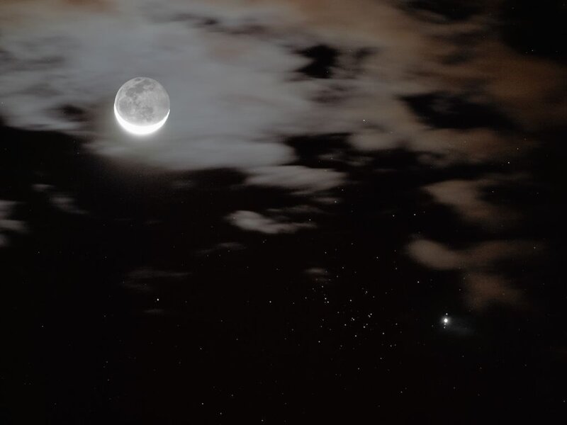 Crescent Moon in Night Sky — Black, Serene, Photograph, Clouds
