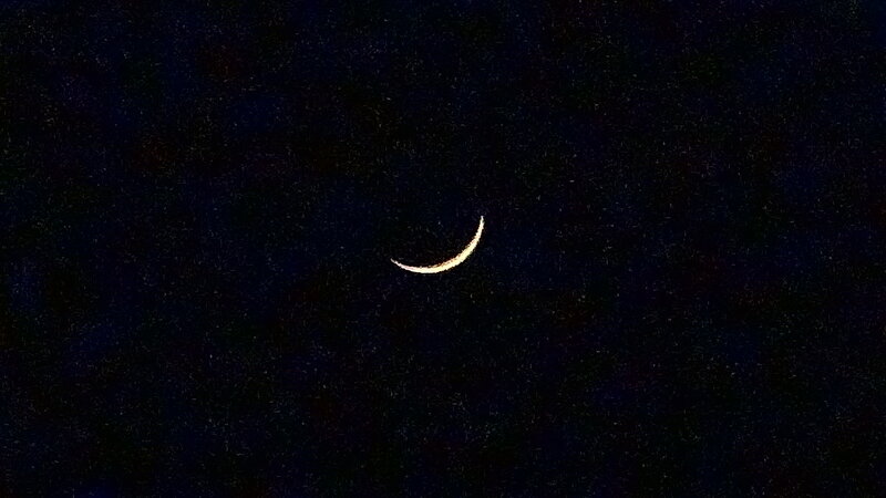 Crescent Moon in Night Sky — Black, Serene, Photograph, Night Sky, Stars