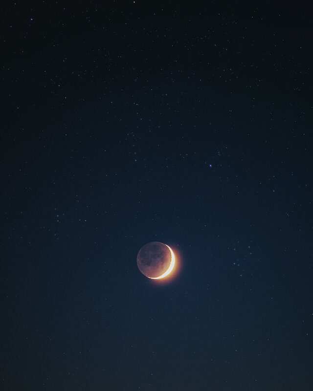 Crescent Moon in Night Sky — Black, Serene, Photograph, Stars, Night Sky