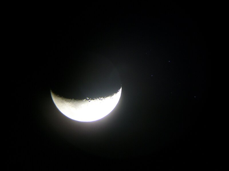 Crescent Moon in Night Sky — Black, Serene, Photograph, Stars, White