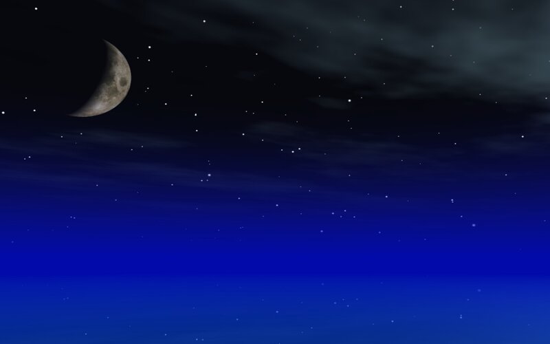 Crescent Moon in Night Sky — Blue, Serene, Digital Art, Stars, Clouds, Black