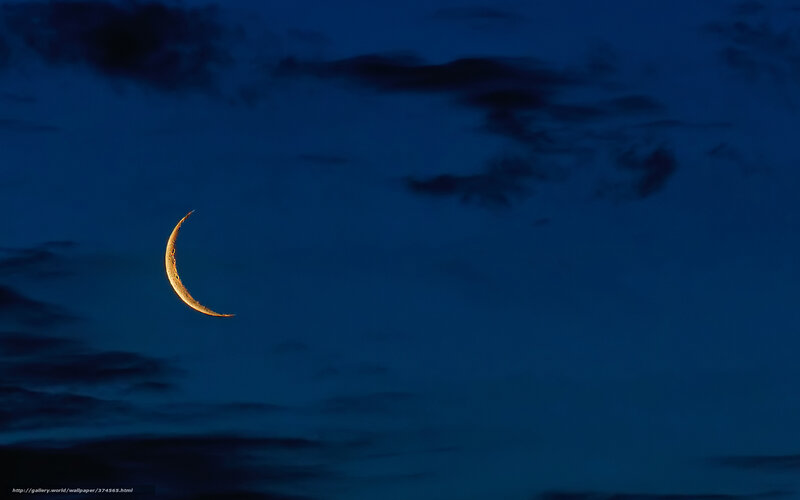 Crescent Moon in Night Sky — Blue, Serene, Photograph, Clouds