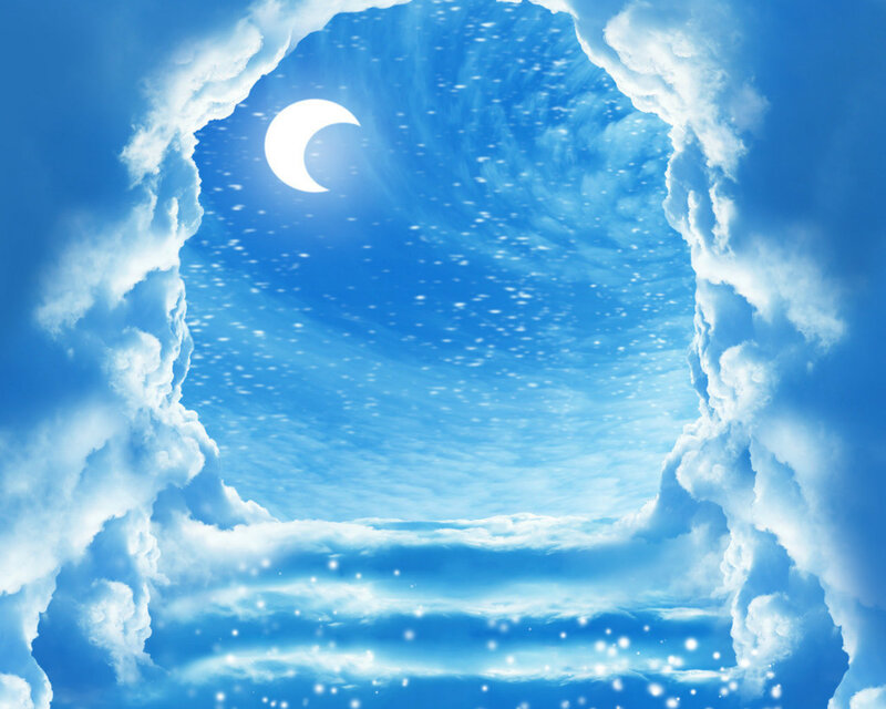 Crescent Moon in Sky — Blue, Serene, Night, Digital Art, Clouds