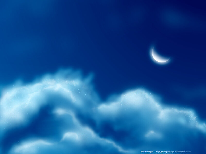 Crescent Moon in Sky — Blue, Serene, Night, Digital Art, Clouds, White