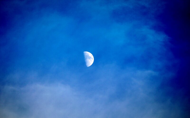 Crescent Moon in Sky — Blue, Serene, Night, Photograph, Clouds