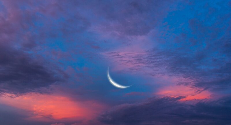 Crescent Moon in Sky — Blue, Serene, Sunset