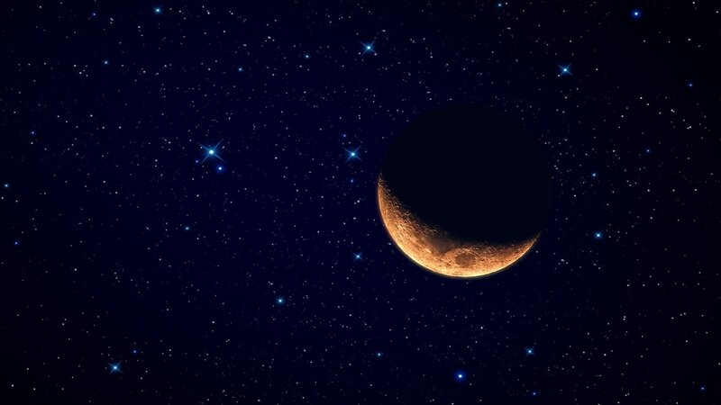 Crescent Moon in Space — Black, Serene, Night, 3d Render, Stars