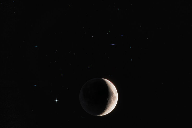 Crescent Moon in Space — Black, Serene, Night, Photograph