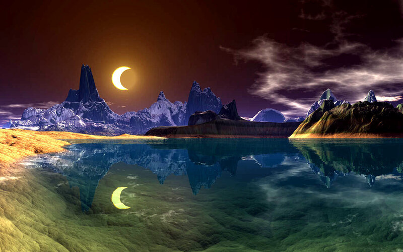 Crescent moon over alien landscape
