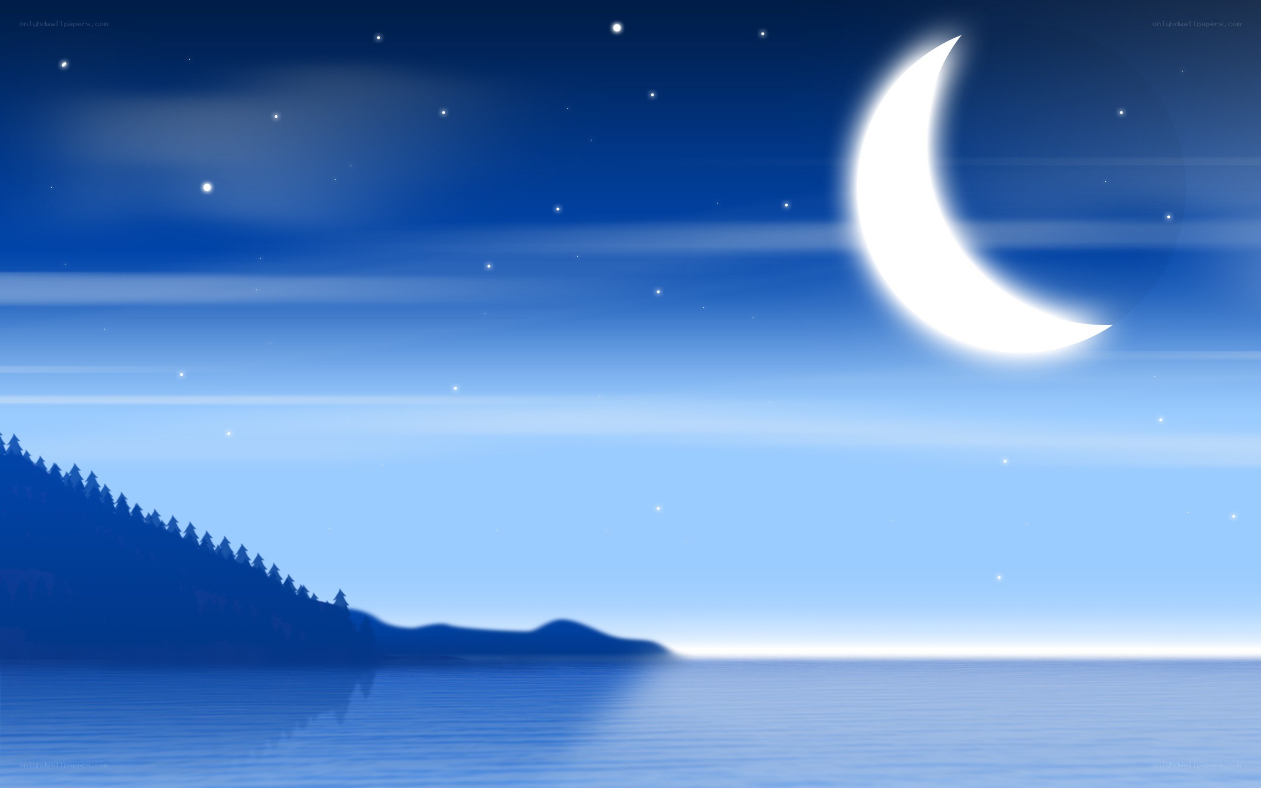 Crescent moon over calm lake