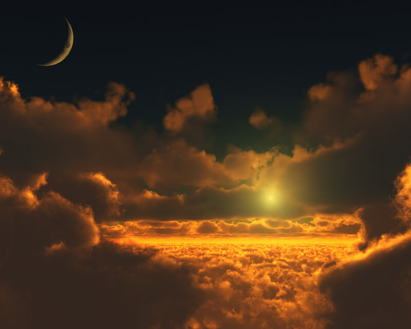 Crescent Moon over Clouds — Dramatic, Digital Art