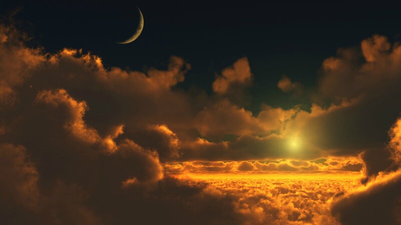 Crescent Moon over Clouds — Orange, Dramatic, Night, Digital Art, Sunlight