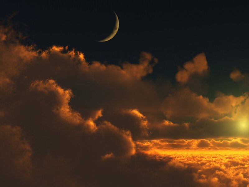 Crescent Moon over Clouds — Orange, Dramatic, Night, Digital Art