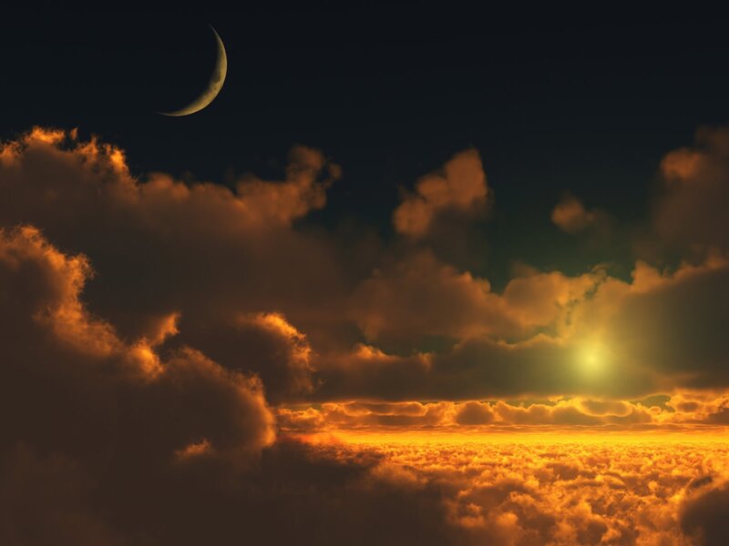 Crescent Moon over Clouds — Orange, Dramatic, Sunset