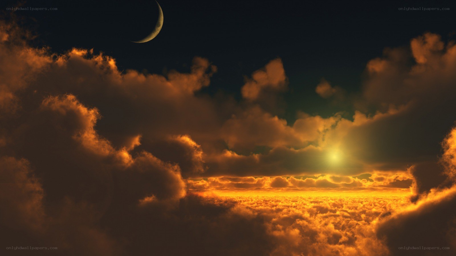 Crescent moon over golden clouds