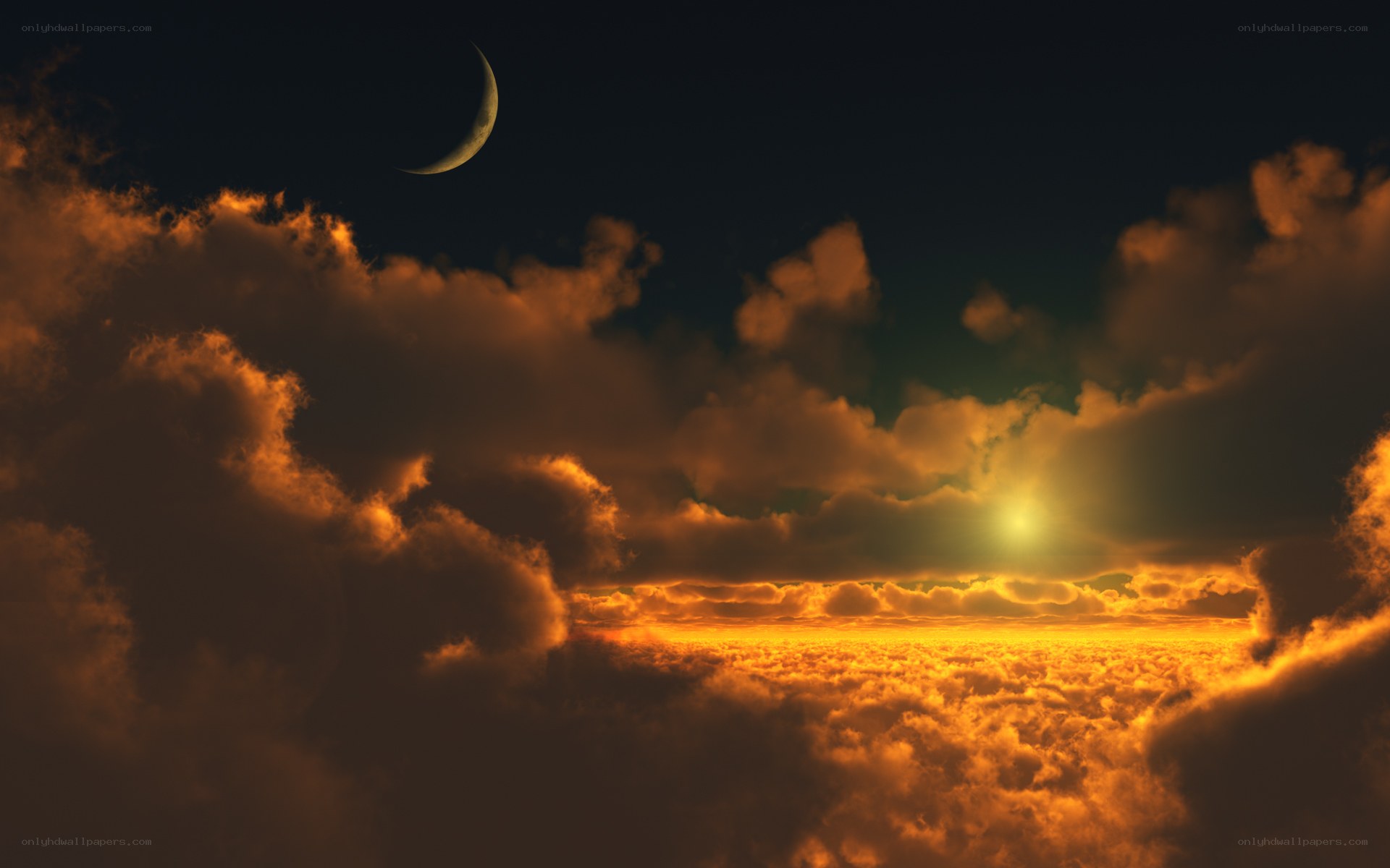 Crescent moon over golden clouds