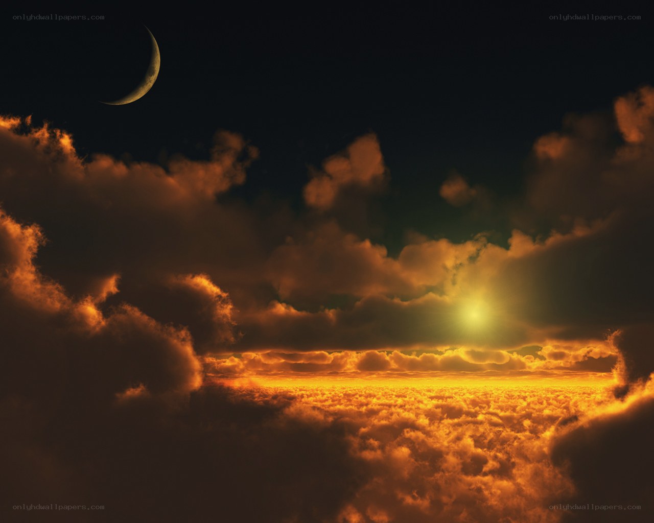 Crescent moon over golden clouds