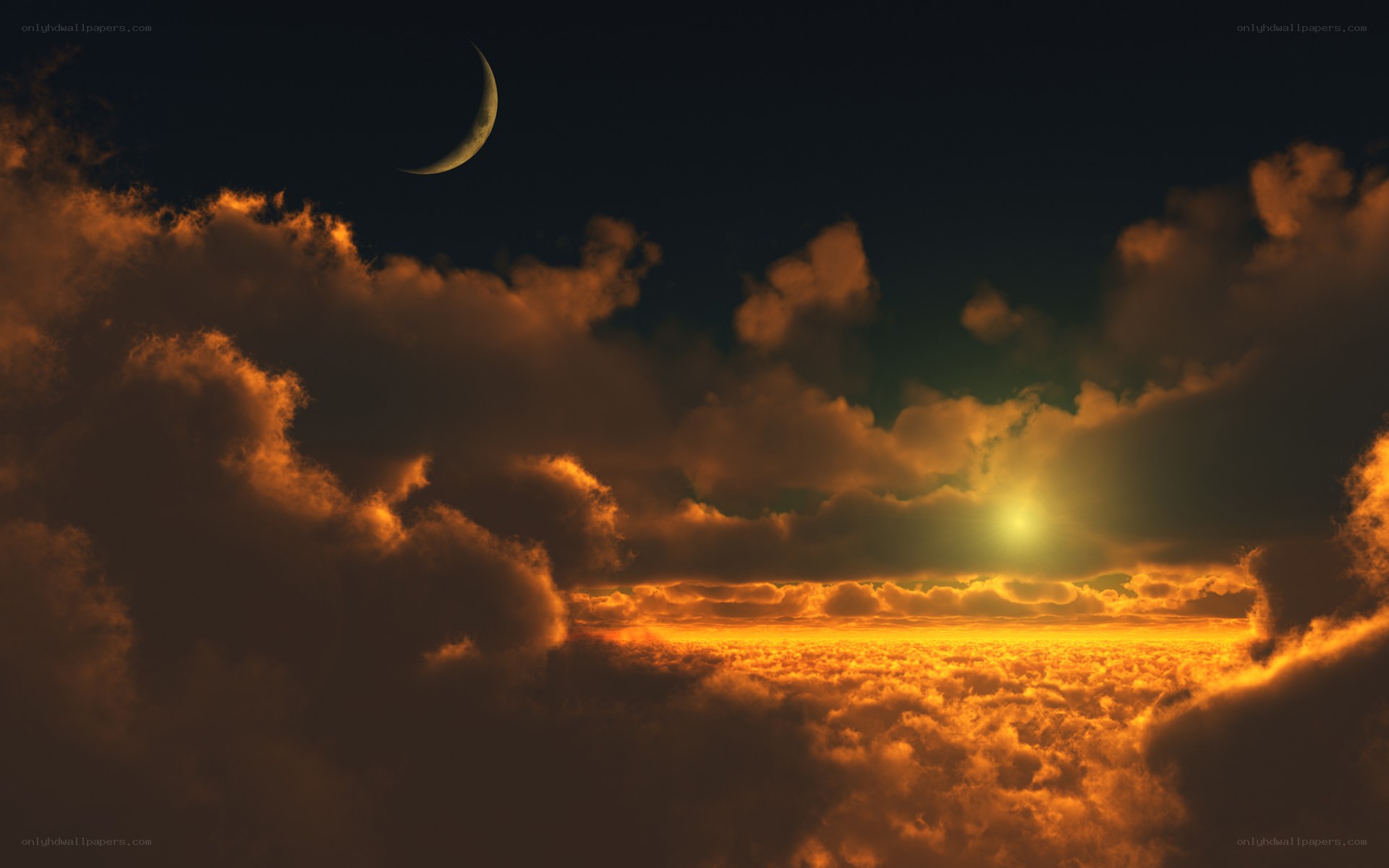 Crescent moon over golden clouds