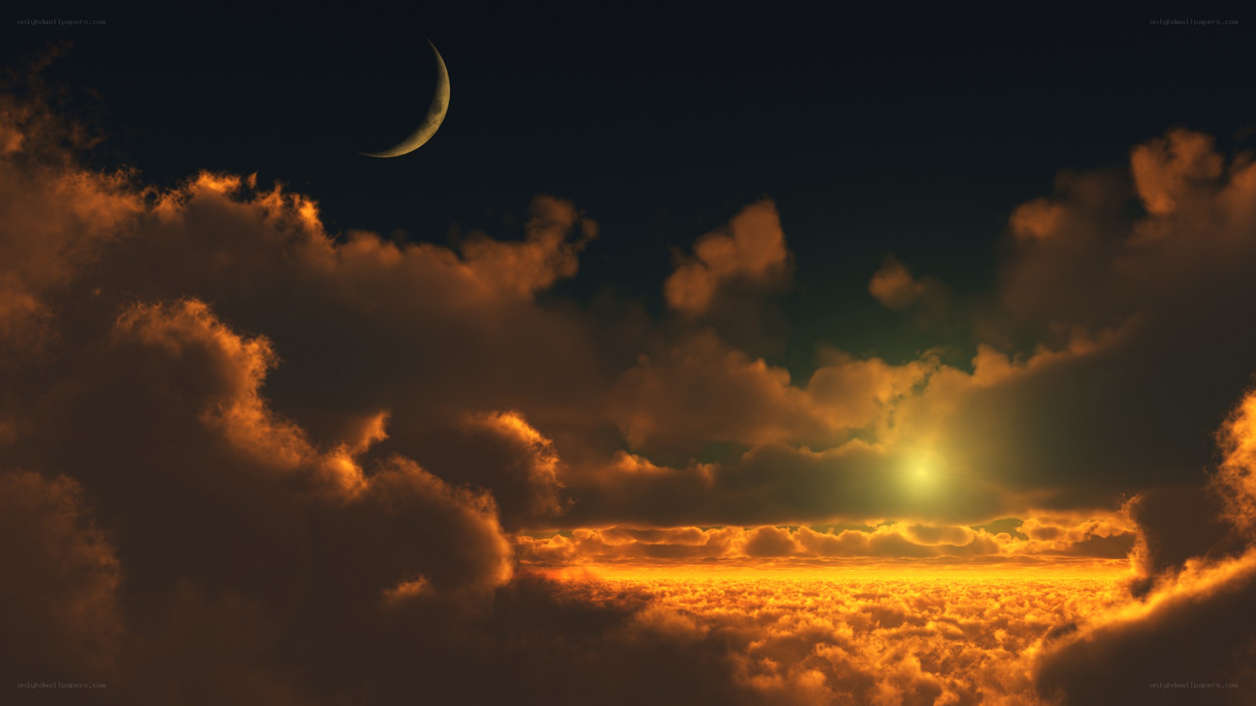 Crescent moon over golden clouds