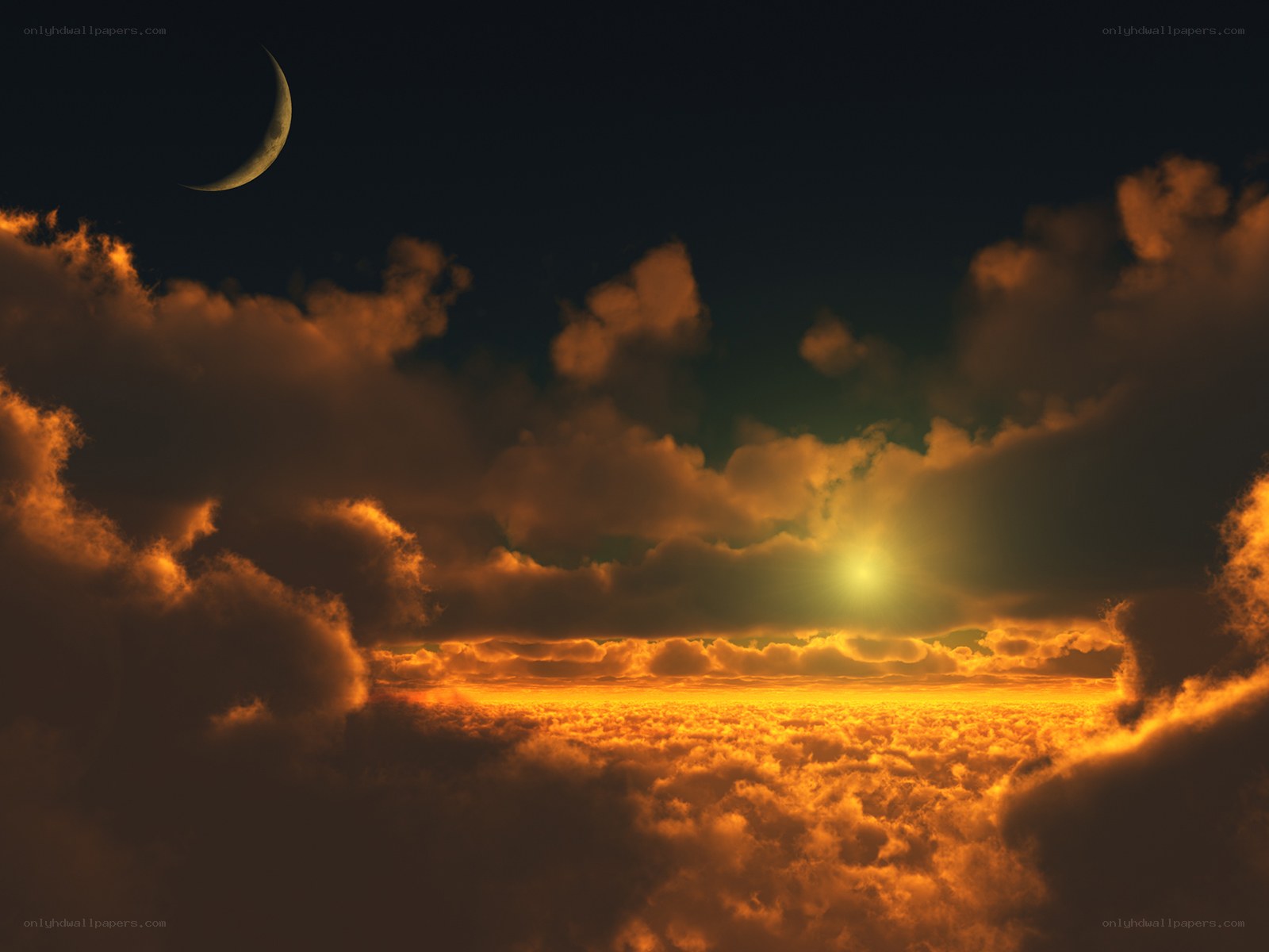 Crescent moon over golden clouds