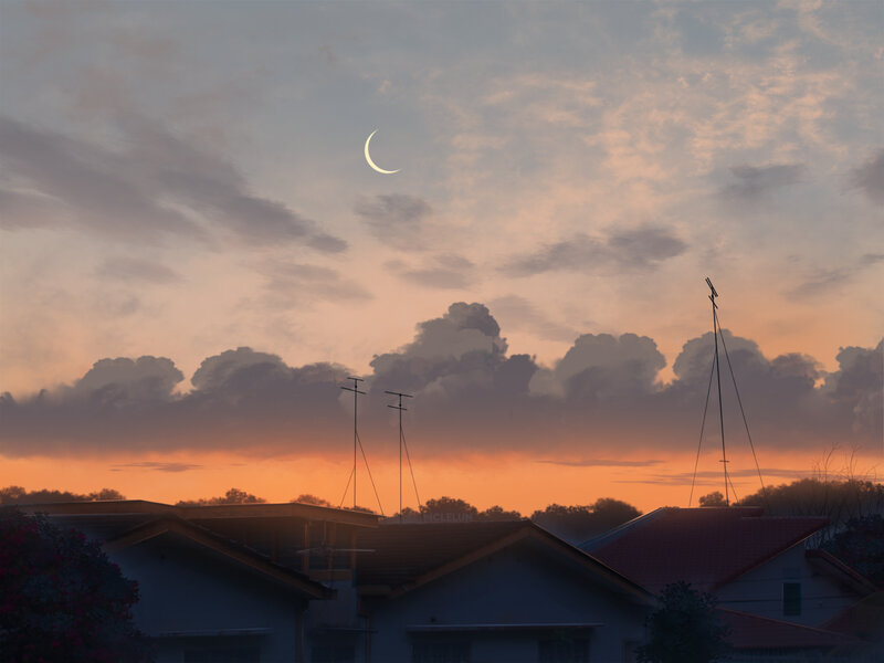 Crescent Moon over Houses — Orange