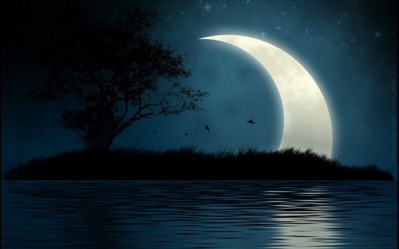 Crescent Moon over Island — Blue