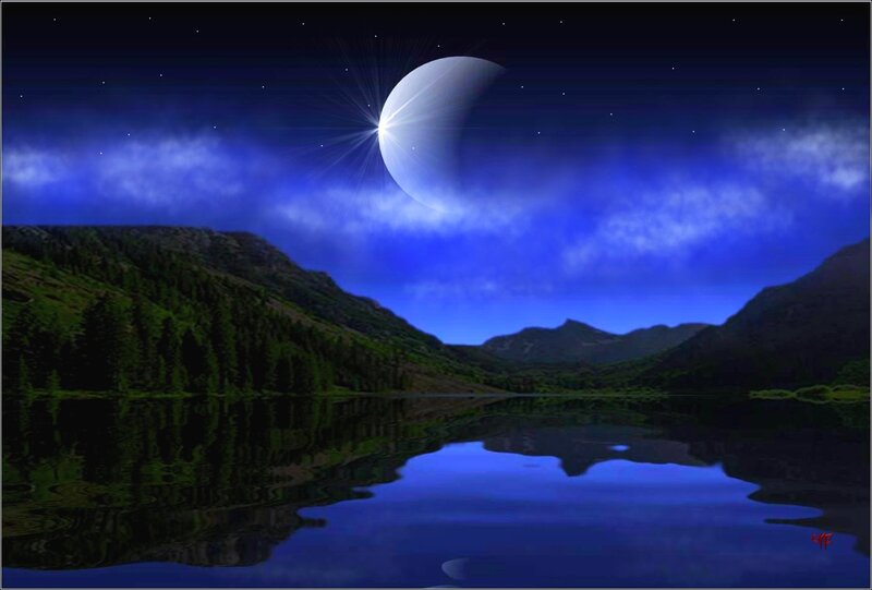Crescent Moon over Lake — Blue, Serene, Night