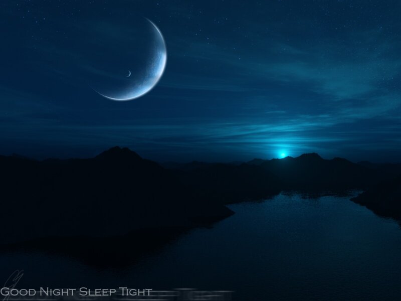 Crescent Moon over Lake — Blue, Serene