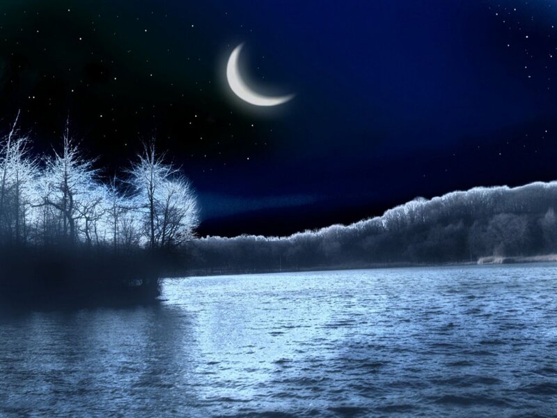 Crescent Moon over Lake — Blue