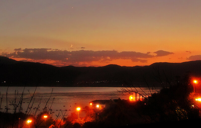 Crescent Moon over Lake — Orange, Serene