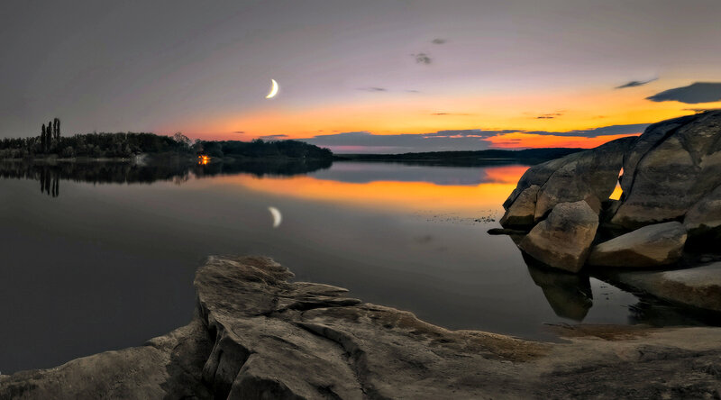 Crescent Moon over Lake — Orange