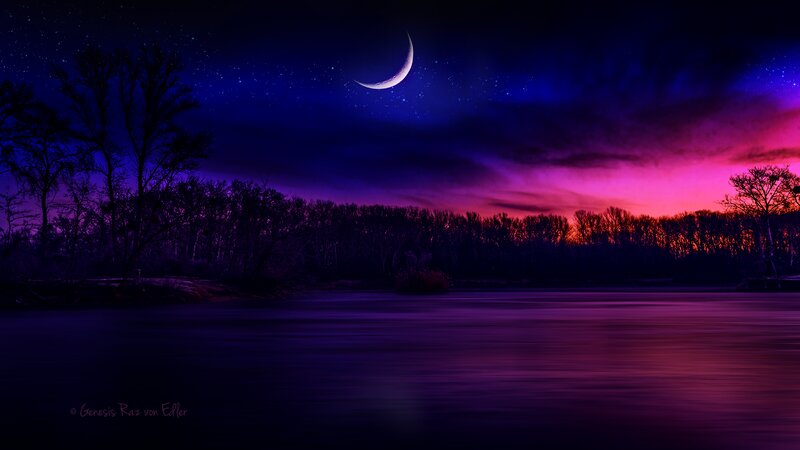 Crescent Moon over Lake — Purple, Serene, Night