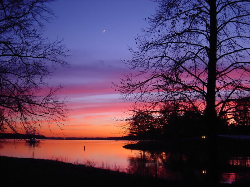 Crescent Moon over Lake — Purple, Serene