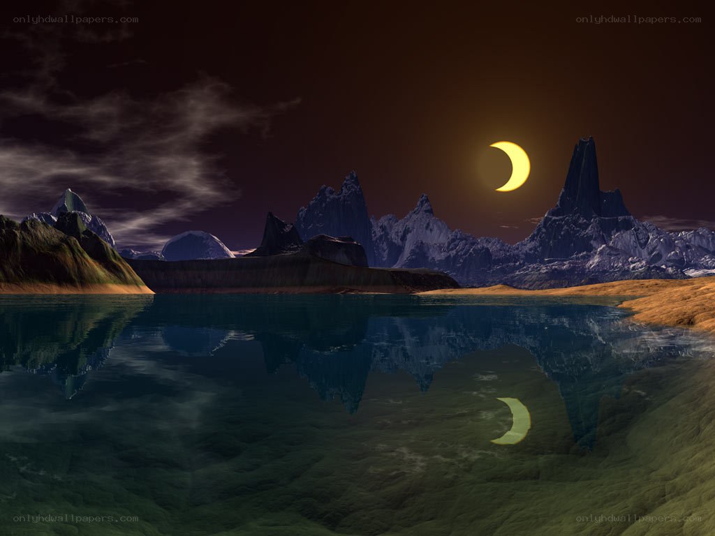 Crescent moon over mountain lake