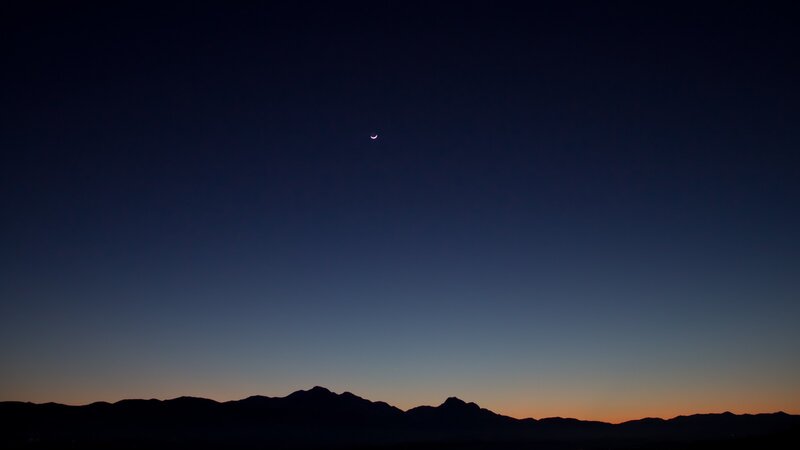 Crescent Moon over Mountains — Blue, Serene, Night